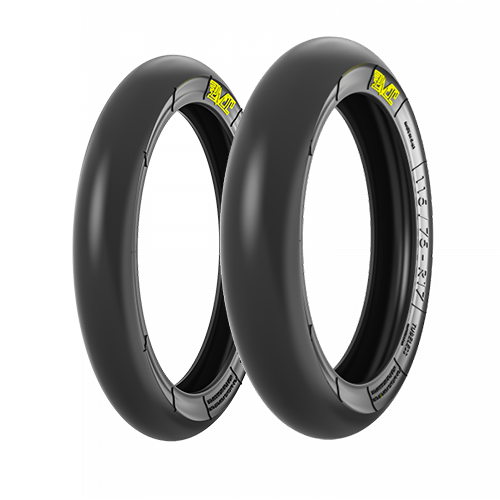 90/80-17R slick soft tubeless front -- 115/75-17R slick medium tubeless rear